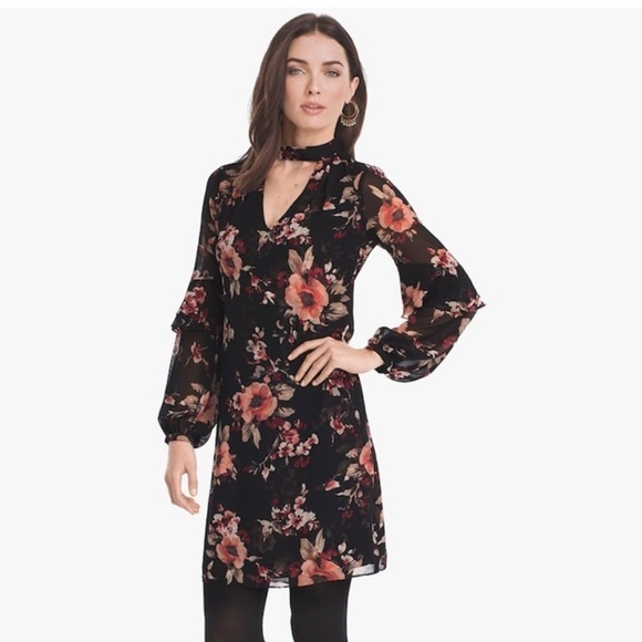 WHITE HOUSE BLACK MARKET LONG SEEVE FLORAL CHOKER SHIFT DRESS - Picture 1 of 8